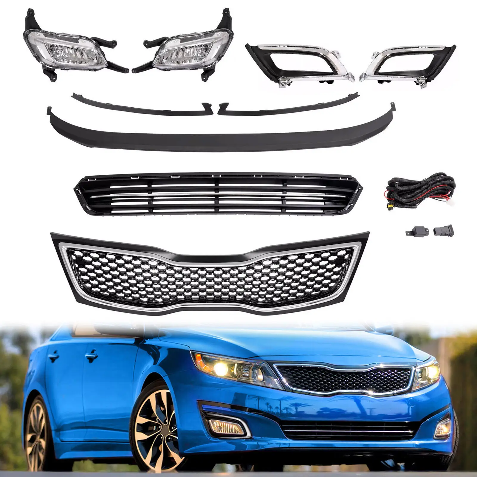 

For Kia Optima 2014-2015 Front Upper Bumper Grille Chrome Trim w/Fog lights Set