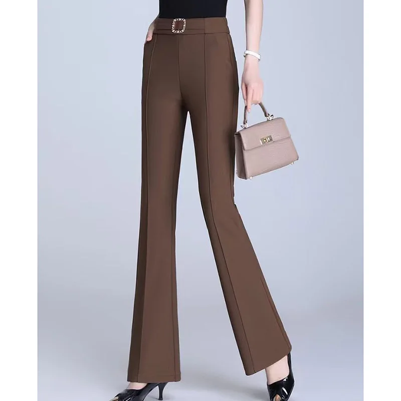 Imagem -03 - Calça Solta Elástica de Cintura Alta Feminina Bolsos Emendados Senhora do Escritório Deslocamento Monocromático Casual Moda Novo Outono 2023