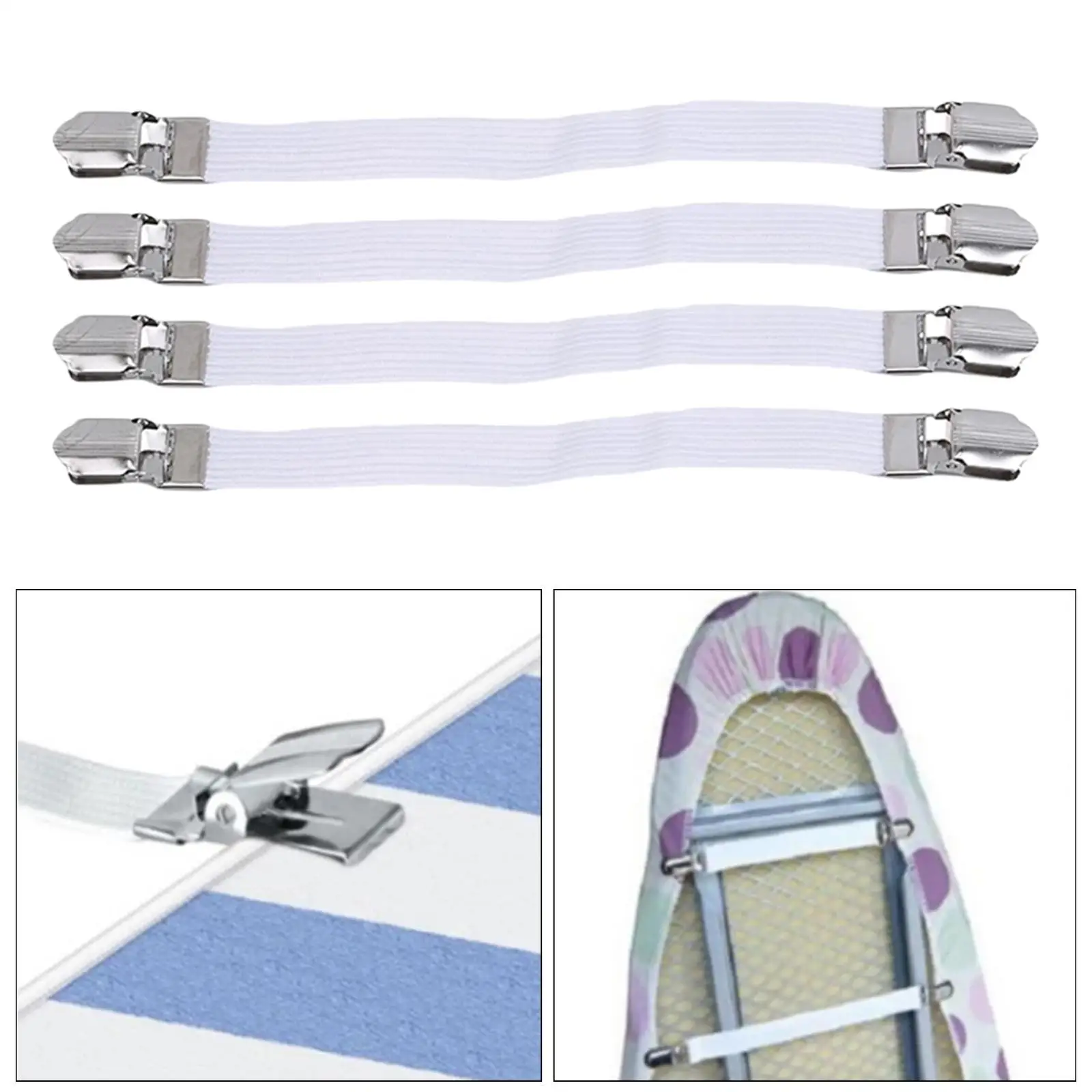 4Pcs Elastic Ironing Board Cover Fasteners, Band Straps Clips, Bed Sheet