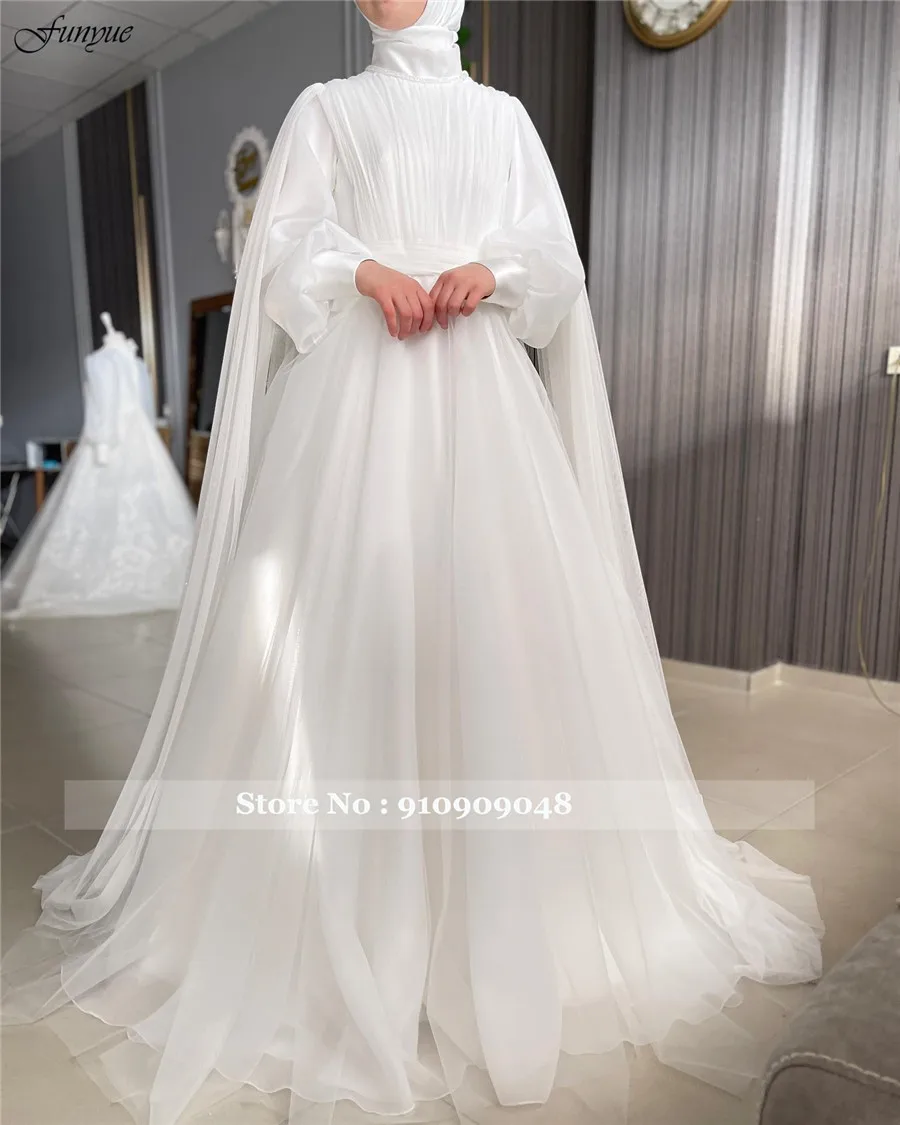 Funyue Muslim Long Sleeve Wedding Gown with Cape Hijab Islamic Bridal Dress Chiffon Pleated High Neck Vestido De Novia 2024