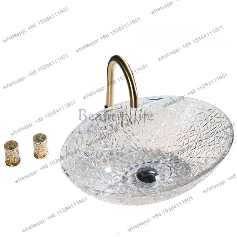 

Stylish And Simple Style Oval Crystal Wash Basin With Striped Pattern On The Table Basin