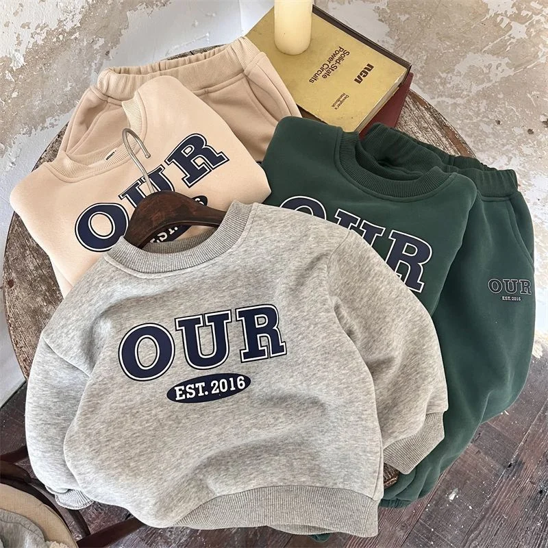 Kinder Fleece-Gefütterte Sets Herbst Jungen Mädchen Dicke Warme Anzüge Baby Sweatshirts+Jogginghosen 2-teilig Winter Kinderkleidung Outfits 2-8 Jahre – Detail 10