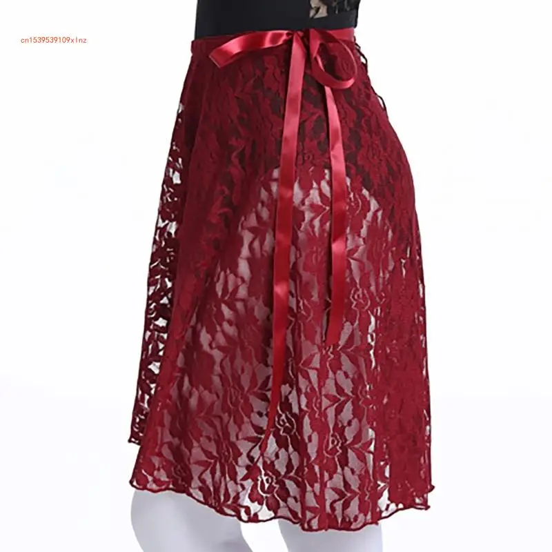 Sheer Flower Lace Wrap Skirt for Ballet Adjustable Waist Tie Elegant Dance Skirt