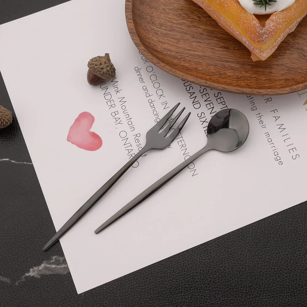 12Pcs Stainless Steel Mirror Gold Fork Spoon Set Cake Fork Snack Salad Coffee Fruit Fork Spoon Cutlery Kitchen Dinnerware Set