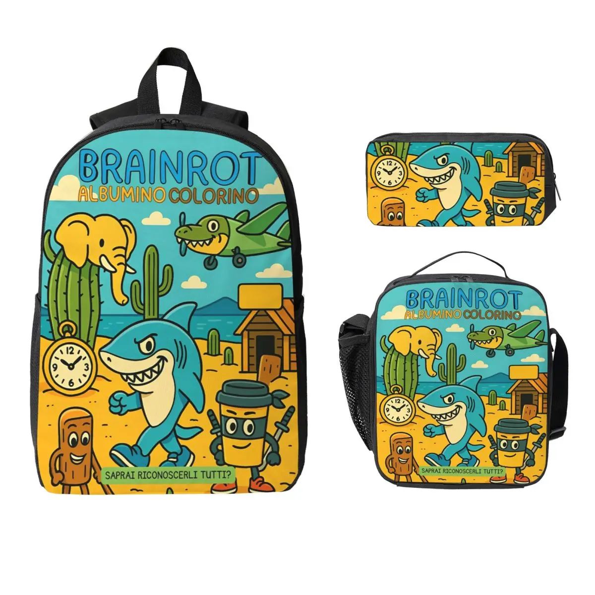 

3Pcs Italian Brainrot Funny Meme Backpack Set for Girls Boys Pen Bags Bookbag Sets with Lunch Box For School Students Daypack