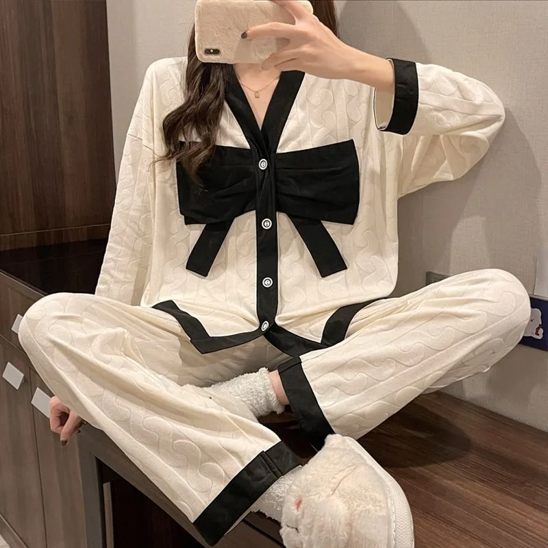 

Women Spring Pajamas Bow Sweet Pyjamas Long Sleeve V Neck Loungewear Casual Loose Nightdress Matching Color Lacework Sleepwear