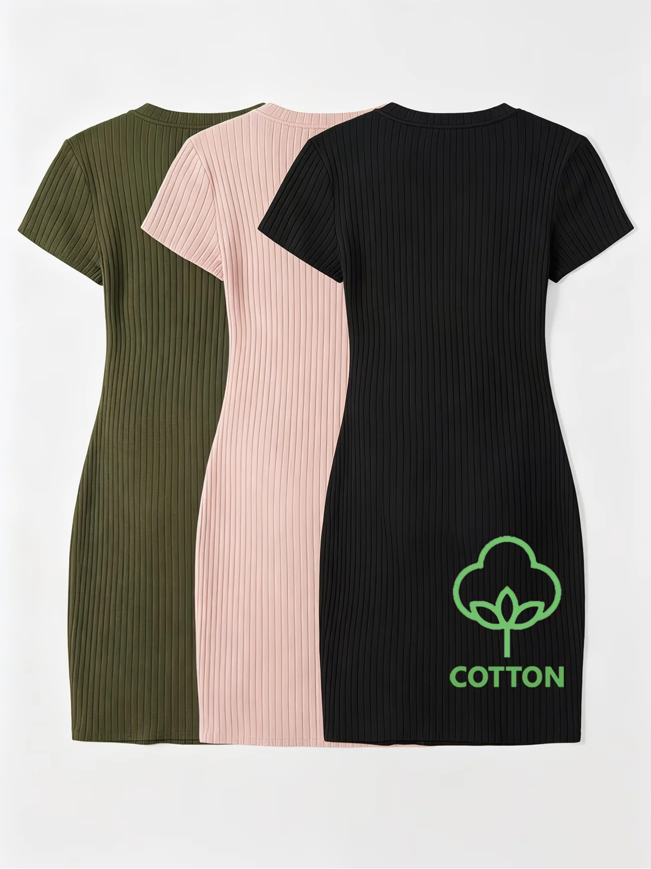 Casual Solid Color Short Sleeve Dress 3-Pack - Multi-Occasion Tight Fitted Cotton Rib-Knit Tank Dress Set for Daily Outfits