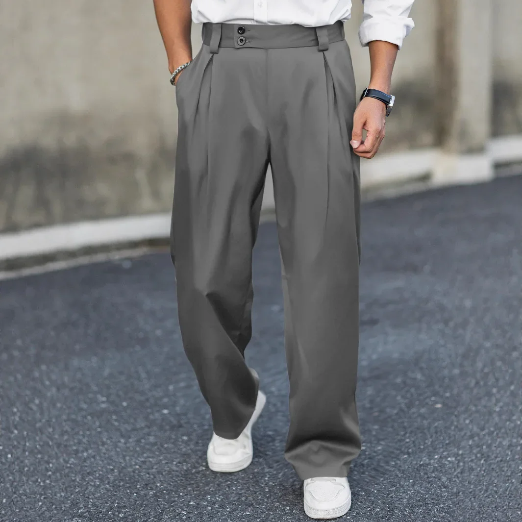 Spring Autumn New Fashion Korean Style Men Solid Color Loose Fit Pleated Simple Basic Casual Daily Trendy Suit Trousers Male
