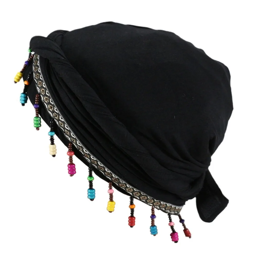 

Elastic Colorful Beaded Headscarf Hijab Ethnic Style Pre-tie Head Wraps Indian Style Brimless Beanie Hat Printed Tail Turban