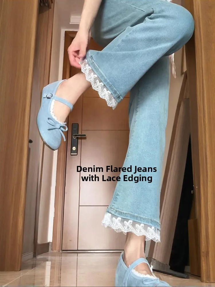 

Retro Flared Denim Jeans Women's High Waist Slimming Lace Patchwork Nine-Piece Pants Casual Style Summer New Pear Shaped Body