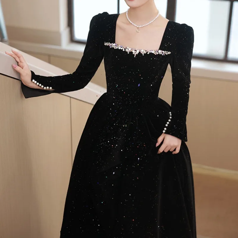 CustomizedFrench Black Long Sleeved Evening Dress Women Luxury Velvet Light Formal Gowns Sweet Square Collar Maxi Vestidos De No