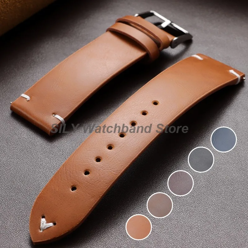 Leather WatchBand 18mm 20mm 22mm Universal Men Women Handmade Retro Oil Wax Leather Sport Strap Soft Quick Release Bracelet Belt
