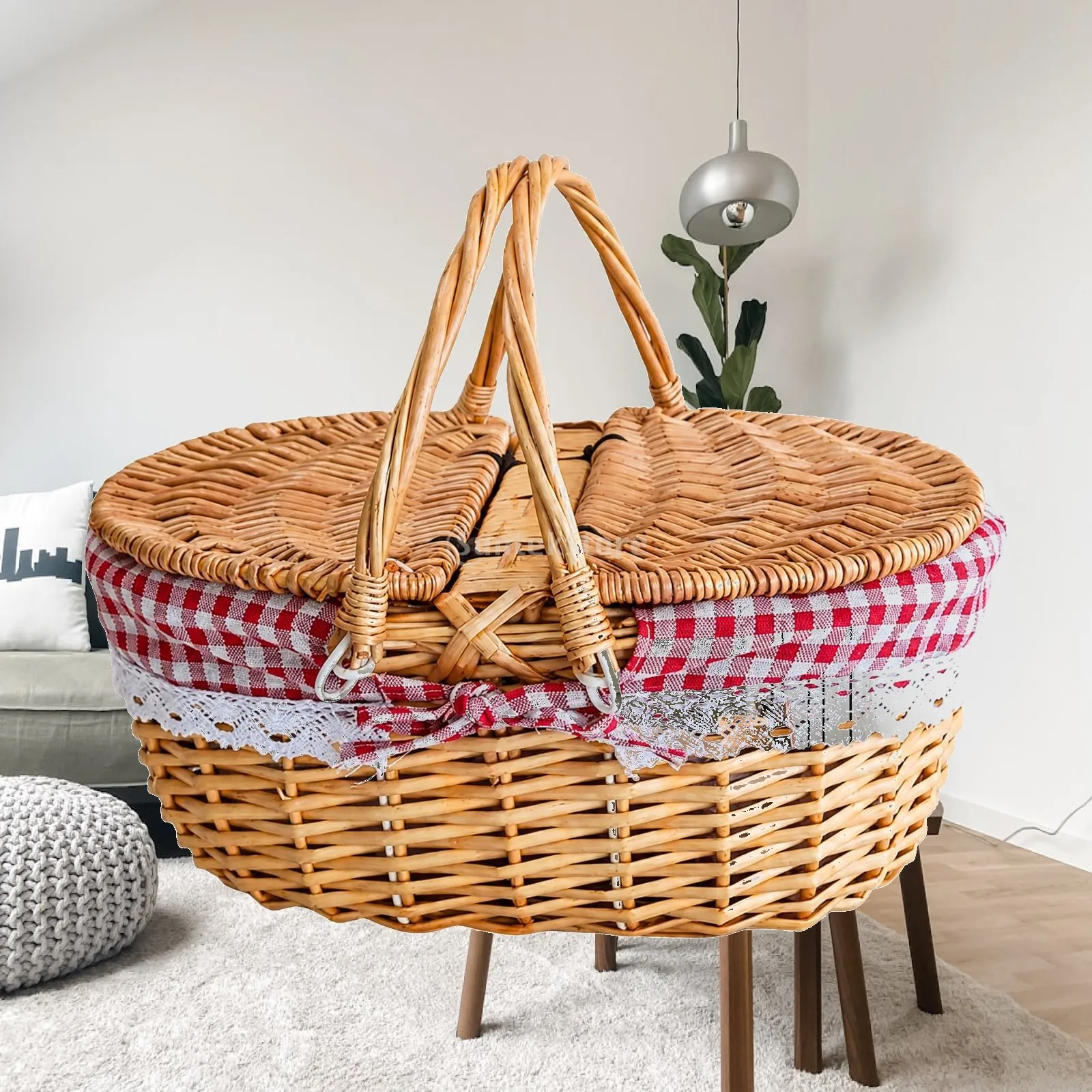 Handwoven Willow Storage Basket Oval Shape with Lid Twin Arch Handle Decorative Picnic Caddy for Home Organization Egg Gathering