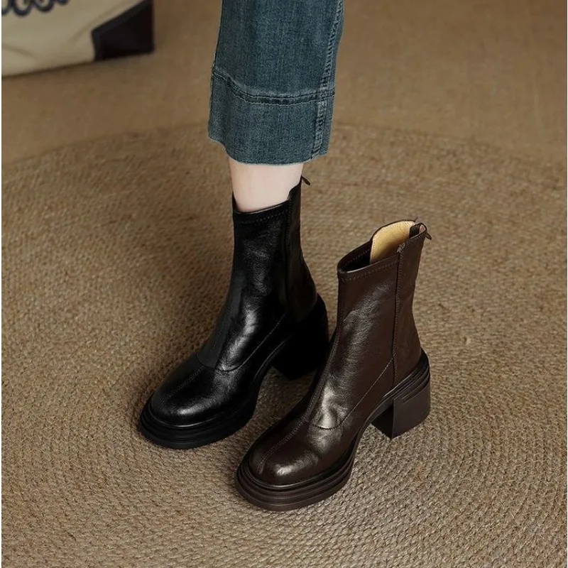 Women Vintage Shiny Ankle Boots Thick Platform Block Heel Back Zipper Stretch Shaft Round Toe Elevated Daily Footwear for Ladies