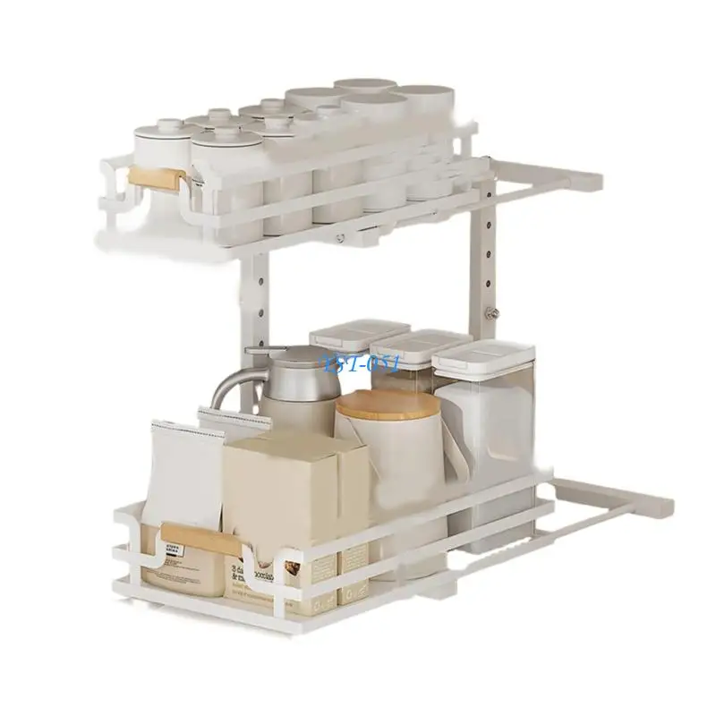 E15A Pull-Out Under Sink Organizers 2-Tiers Regulable Height Sliding Shelf for Kitchen/Bathroom Cabinet Storage