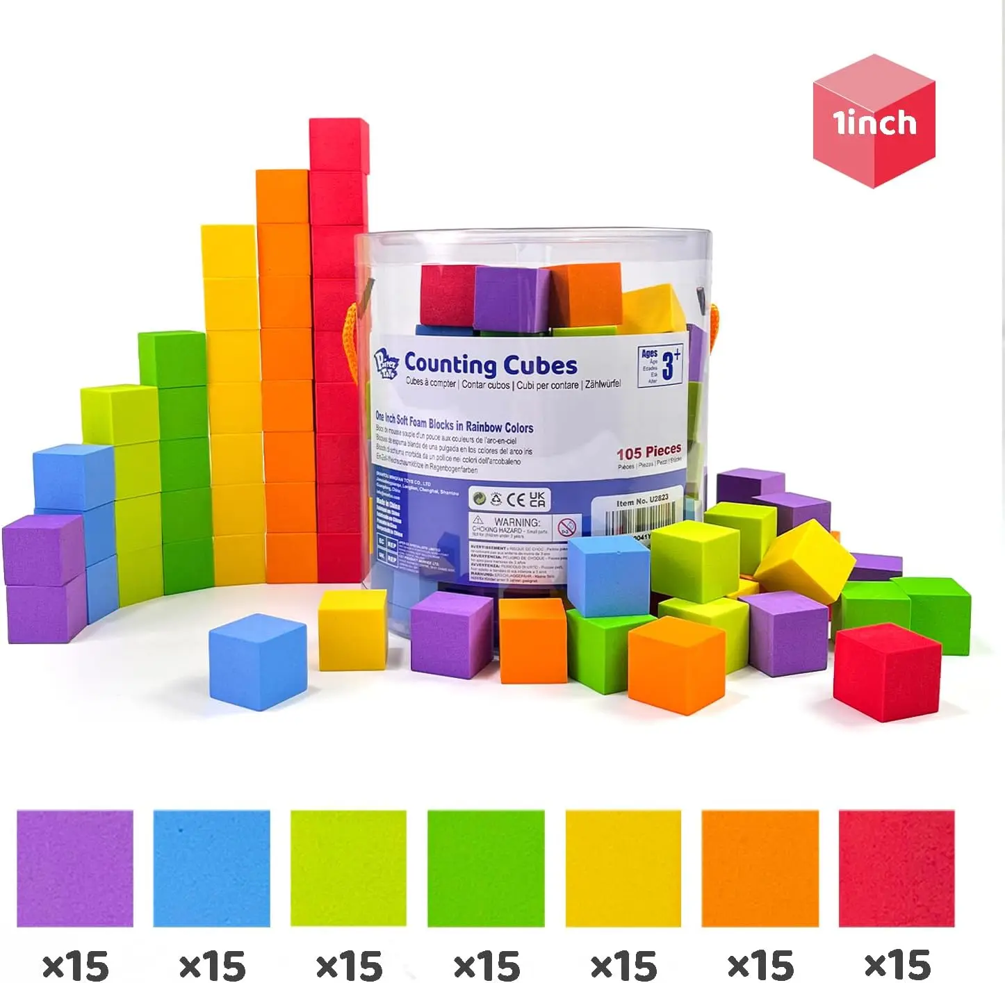 Bloques de conteo de espuma, 105 piezas, cubos de contadores de matemáticas de arcoíris suaves de 1 pulgada, manipuladores de matemáticas preescolares, suministro de aprendizaje en el aula
