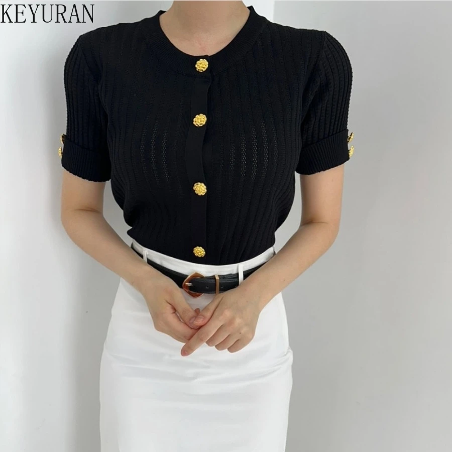 New Summer Korean Chic Thin Ice Silk Knitted Cardigan Women V-neck Single Breasted Short Sleeve Sweater Ropa Mujer Knitwear Tops