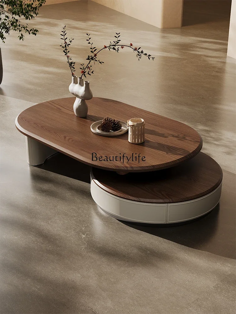 

FG26-*style walnut pattern retractable round coffee table 2025 new living room high-end saddle leather Chinese antique coffee ta