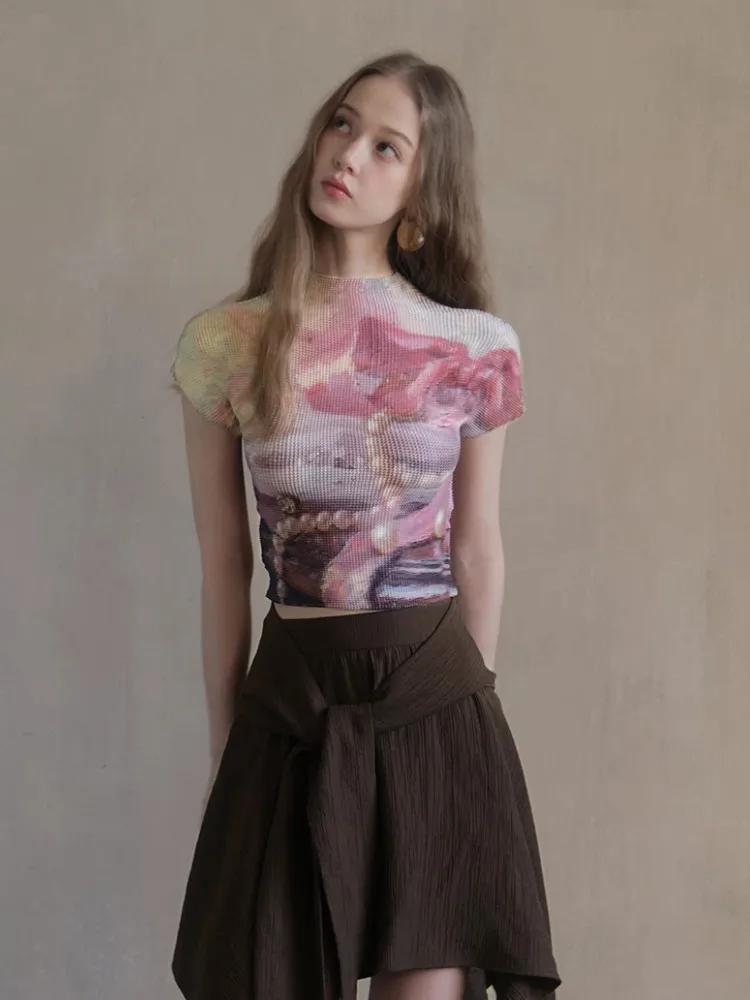 Oil Painting Pleated Women T Shirts 2026 Summer Short Sleeve Crop Top Fashion Tees Designer Clothing