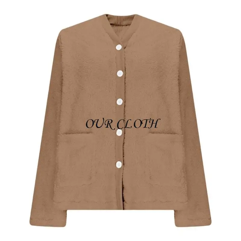 Casaco dormir lã macia feminino manga longa botão para baixo pijama pelúcia quente com bolsos para relaxamento interno