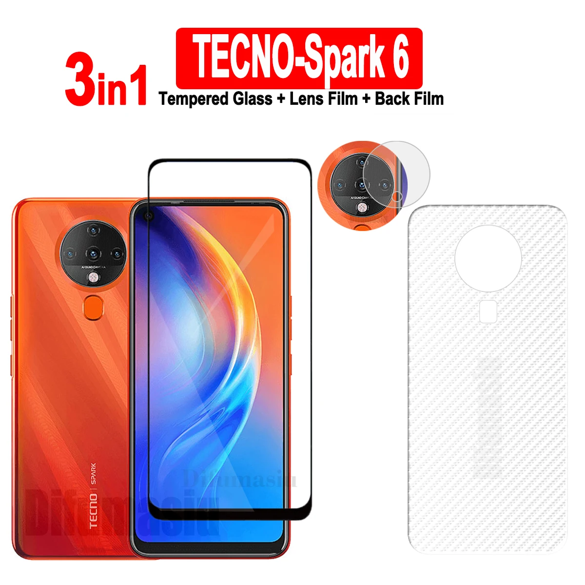 3in1 For Tecno Spark 6 Tempered Glass Screen Protectors Soft Camera Lens Protector Full Cover Screen Glass Back Film