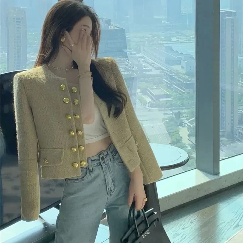 Lucyever Vintage Women\'s Tweed Jackets Elegant Chic Double-Breasted with Pocket Jacket Ladies Korean Fashion O-Neck Short Coat