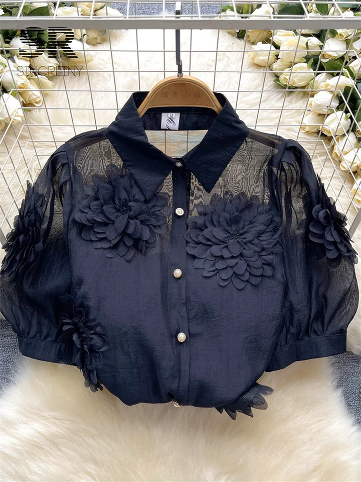 トップス sheller 3D flower embroidery blouse Women Cottagecore 3D Flower Blouse Bell Long Sleeve Sheer Lace