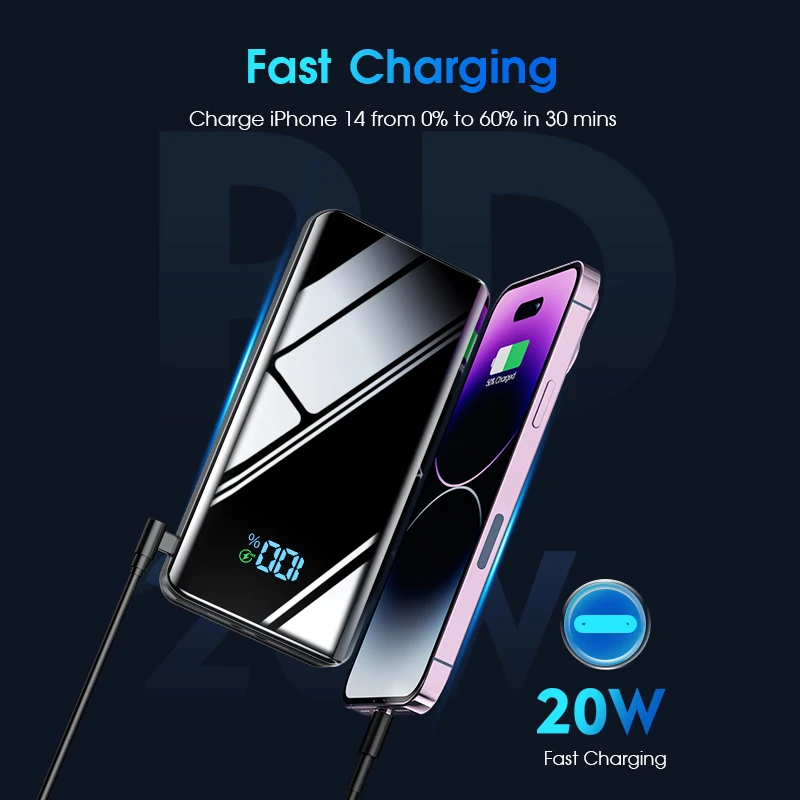 20000mAh lightweight portable charger, full screen mirror battery pack, built-in QC3.0,PD20W fast charging external battery pack