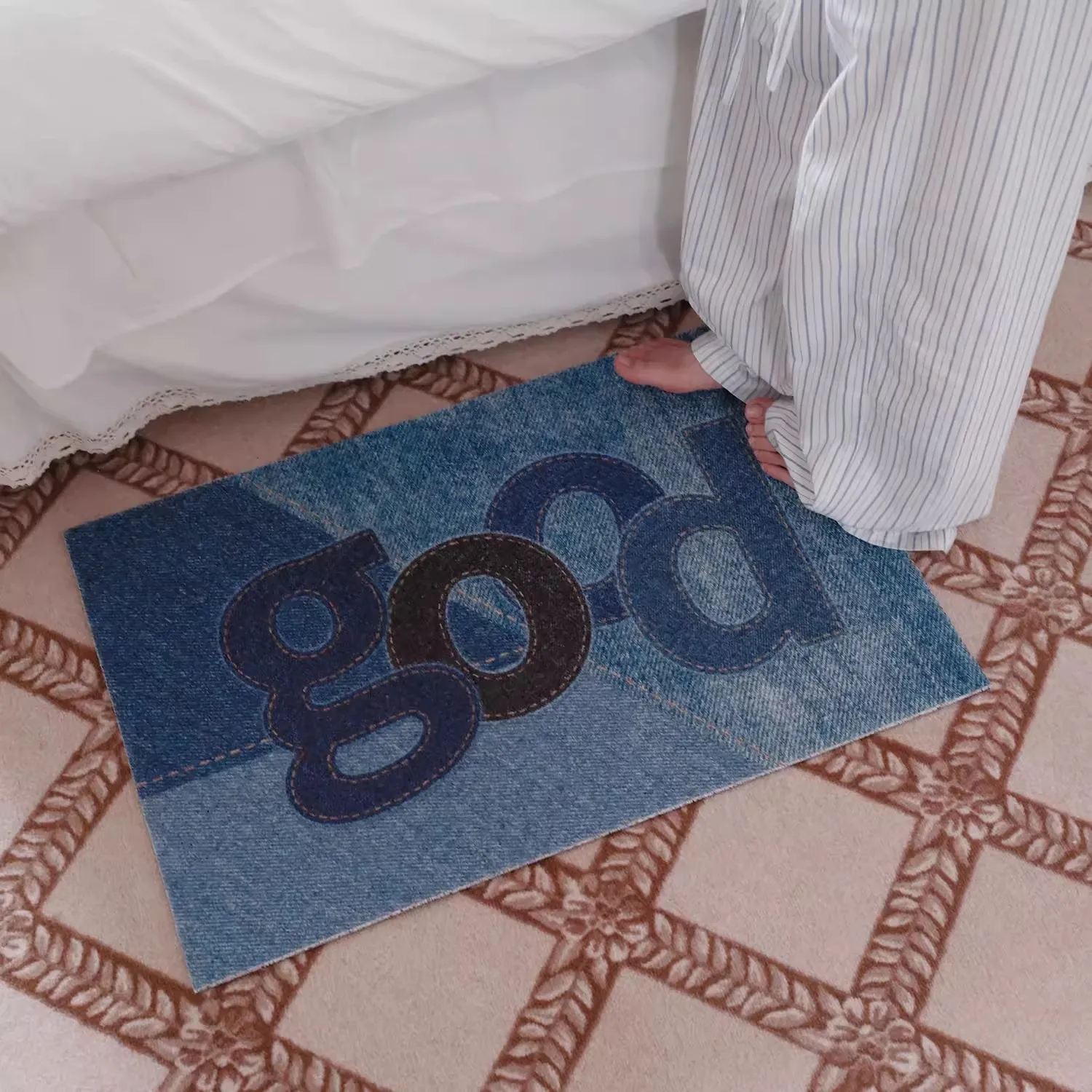 Denim Blue PVC Welcome Doormat Cuttable Letters House Entrance Mat Carpet Anti Slip Floor Pad Outdoor Aesthetic Home Decor