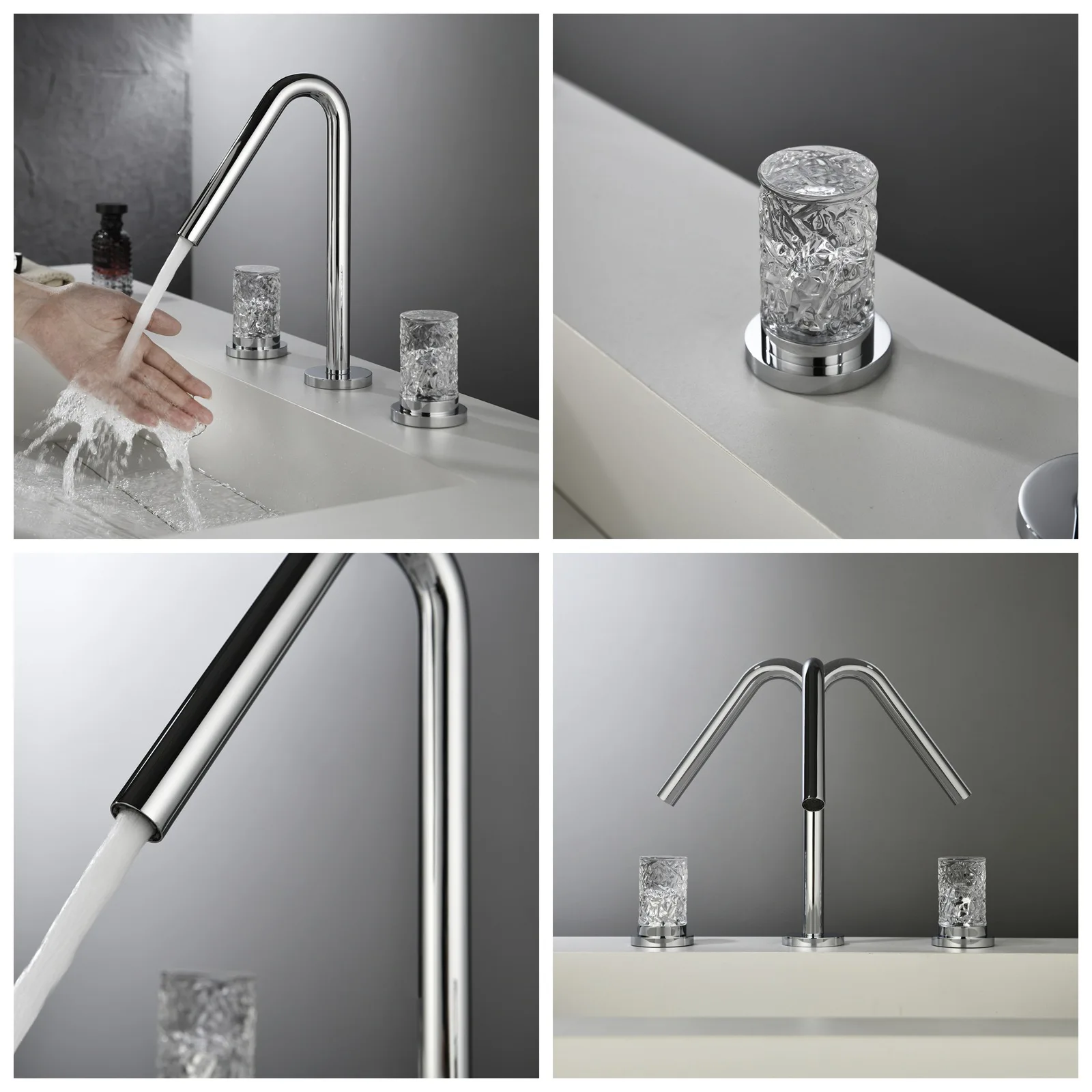 Crystal handle three-hole cold and hot water faucet for separate basin, washbasin, bathroom cabinet, bathroom.