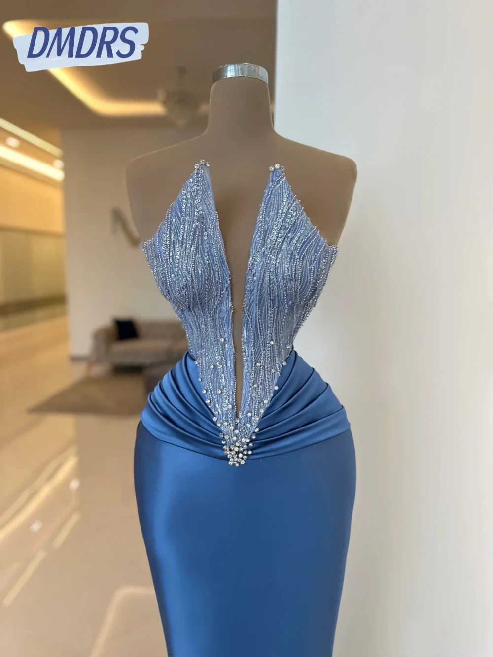 

Chic Deep V Neck Satin Women Evening Dress Modern Beaded Straight Prom Gown Customized Simple Sexy Pleated Long Cocktail Wear