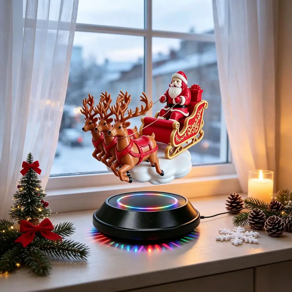 Christmas Tabletop Centerpiece Funny Christmas Gift for Collectors Floating Santa Sleigh Ornament Magnetic Levitating for Home