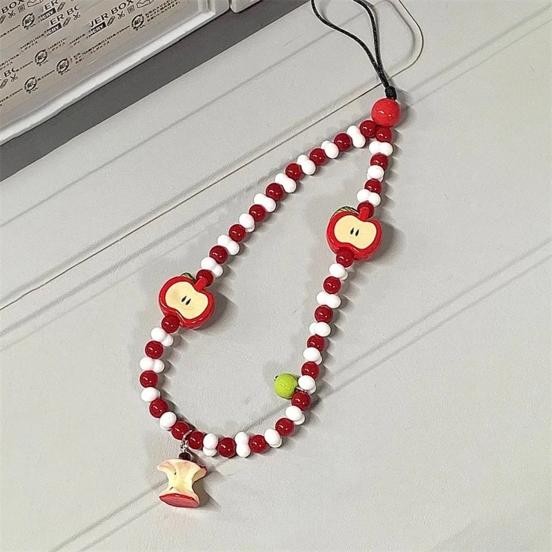 Korean Cute Apple Pearl Beaded Phone Chain Keychain Sweet Girl Bracelet Anti-Lost Phone Charm Lanyard For iPhone Samsung Camera view 2