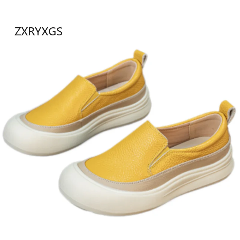 ZXRYXGS Promotional Genuine Leather Spell Color Women Casual Sneakers 2026 New Round Toe Loose Comfortable Flats Trendy Sneakers