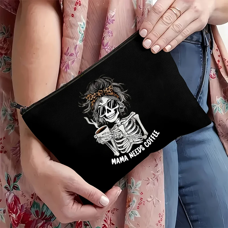 Skeleton Mom Life Coffee Lover Zipper Pouch women Leopard Print Makeup Bag fun vintage Mother's Day Gift Cosmetic Bag For Mom