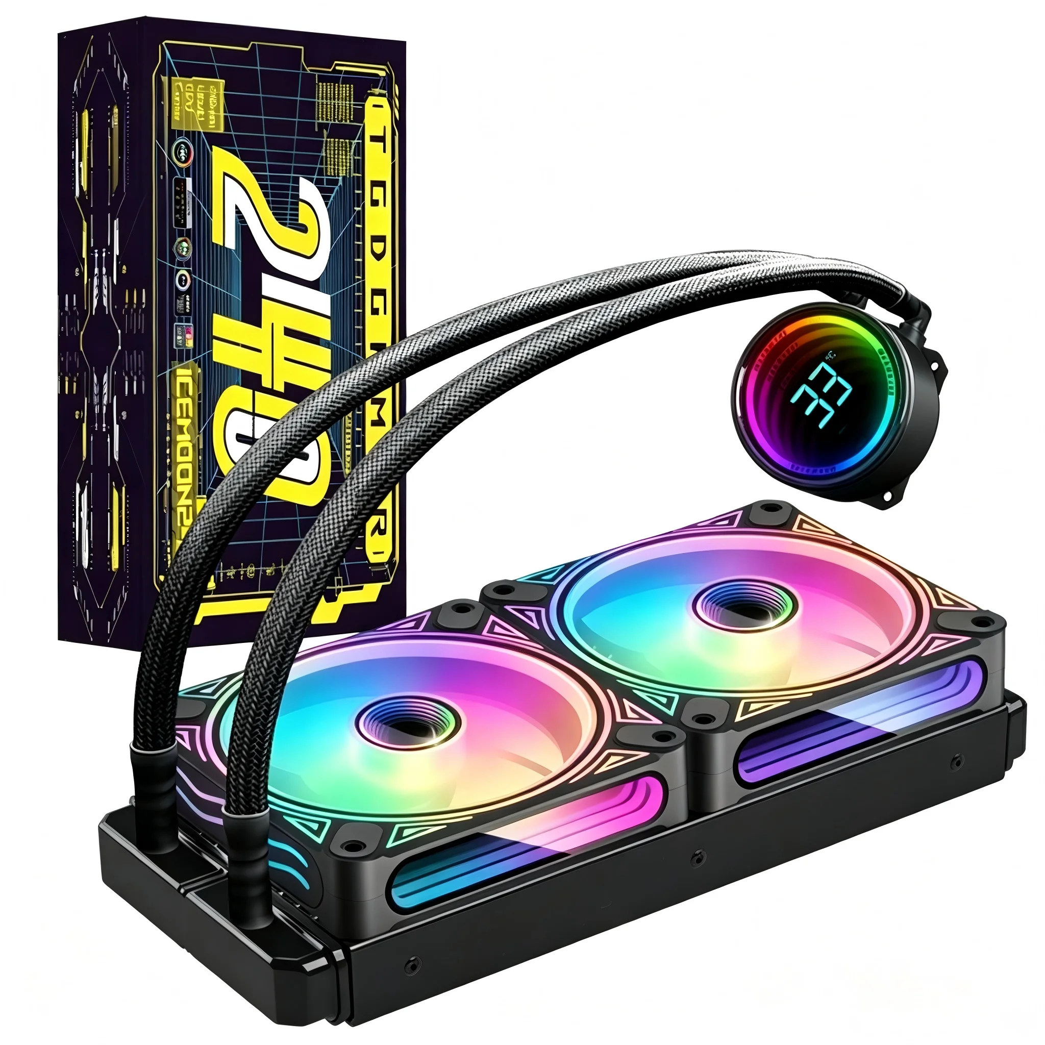 

240mm Black ARGB Liquid CPU Water Cooler with 240mm ARGB PWM Fans, Intelligent Temperature Display