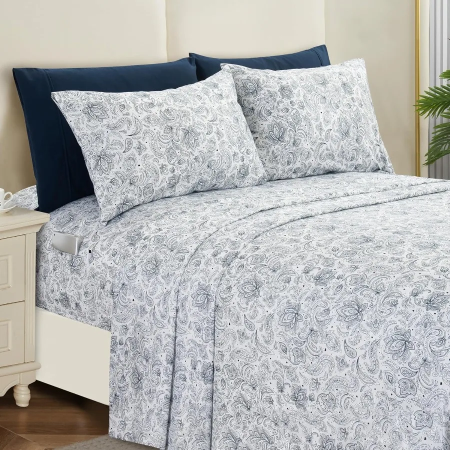 

6Piece Microfiber Sheet Set Queen Size with Paisley Pattern in Navy Color for Ultimate Comfort and Style in Modern Bedrooms Dur