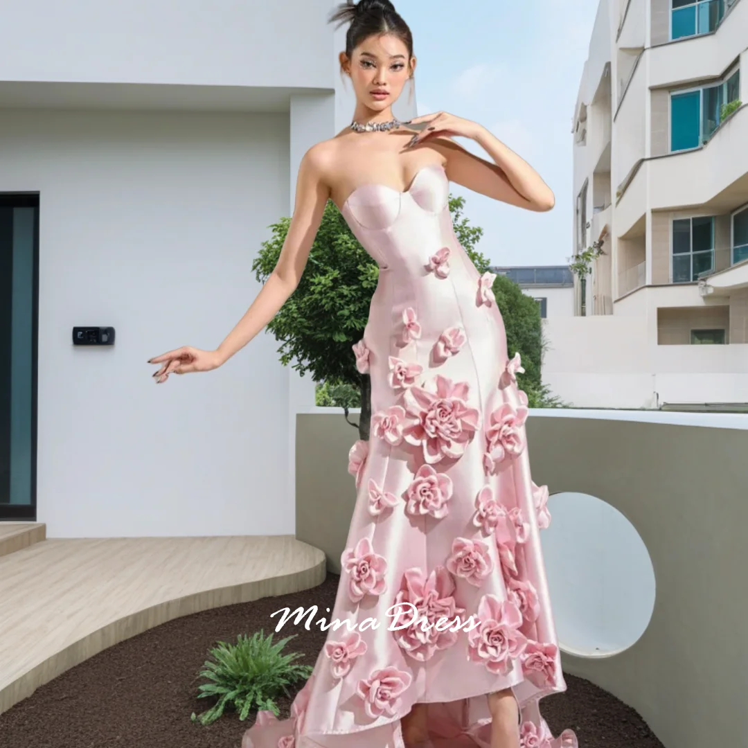 

Mina Customized Backless Women's Elegant Dresses for Special Occasions Strapless Sleeveless Prom Dress Flowers Asymmetry Evening
