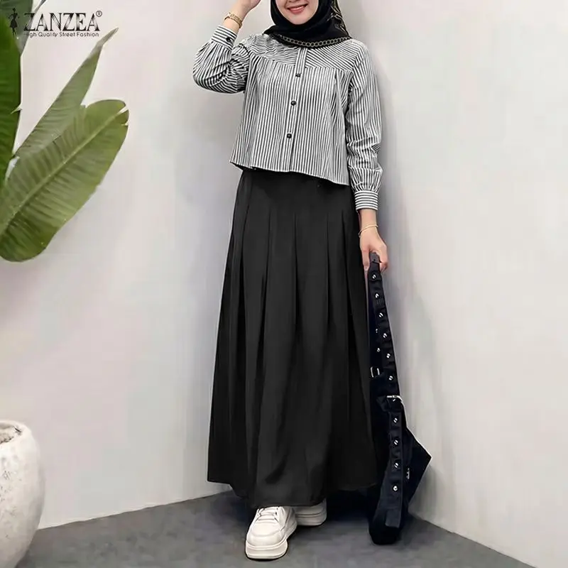 ZANZEA 2-teiliges muslimisches Set für Damen, elegantes, langärmliges, gestreiftes Hemdkleid, Anzug, Ramadan-Outfits, modischer Hijab, 2-teiliges Set
