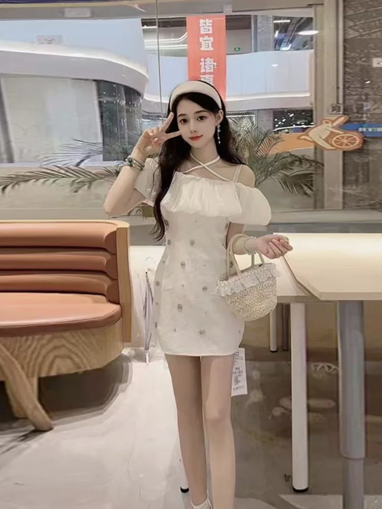 Fashionable Handmade Beaded Slimming Wrap around Halter Dress Women's High Waist A-Line Short Skirt Korean Style Summer Dress