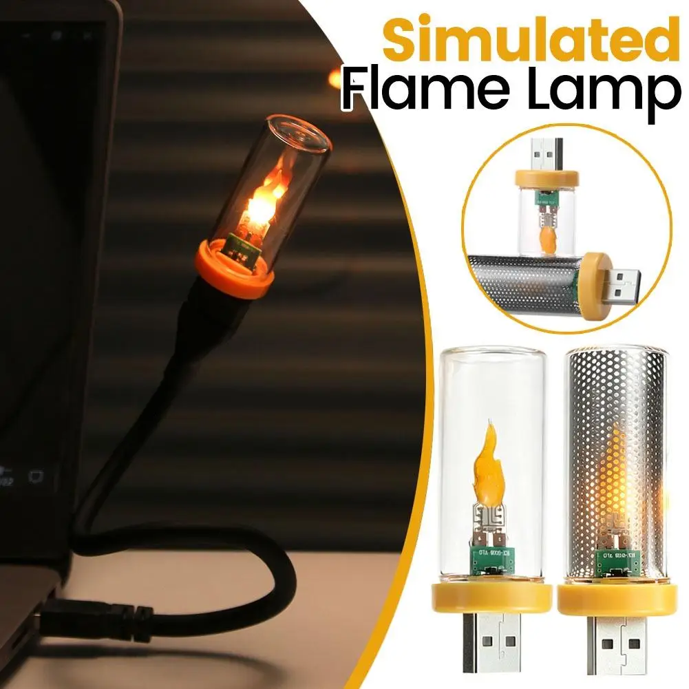 Creative USB Vintage Fire Effect Lamp Flickering Flame Night Light Home Atmosphere Warm LED Candle Decor For Car Bedroom Desktop