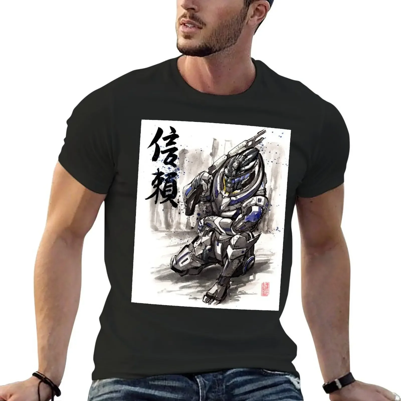 Mass Effect Garrus Sumie style with Japanese Calligraphy T-Shirt boys whites korean fashion mens t shirts casual stylish