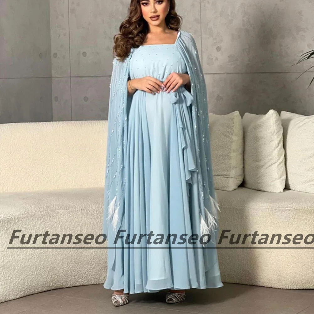 Party Gown Square Neck Shawl Feather Beaded Saudi Arabian Pregnant Women\'s Evening Dress Sheath Dubai Ankle-Length Prom Dresses