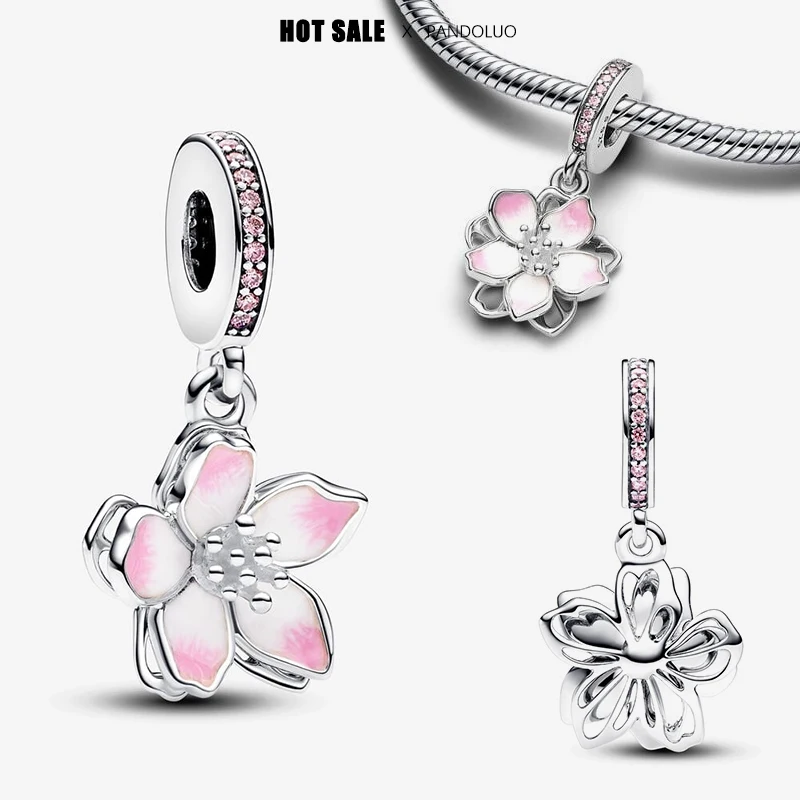 2024 New in Cherry Blossom Dangle Shape Charm Beads Fits Pandora Original Bracelet Necklace Women Pendant Bead DIY Jewelry Gifts