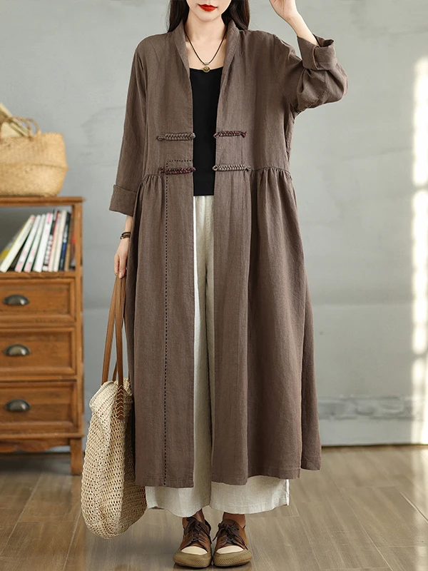 

New Chinese Sle Artistic Retro Button Cotton Linen Long Sve Women's Zen Large Size Loose Long Coat Windbreaker Coat
