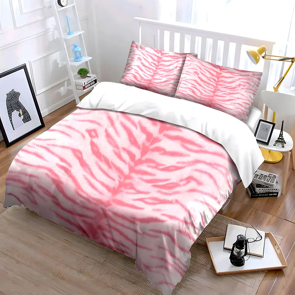 3Pcs Coquette Animal Bedding Set, Soft Pink Tiger Stripe Print Duvet Cover, Cute Girly Bedroom Decor