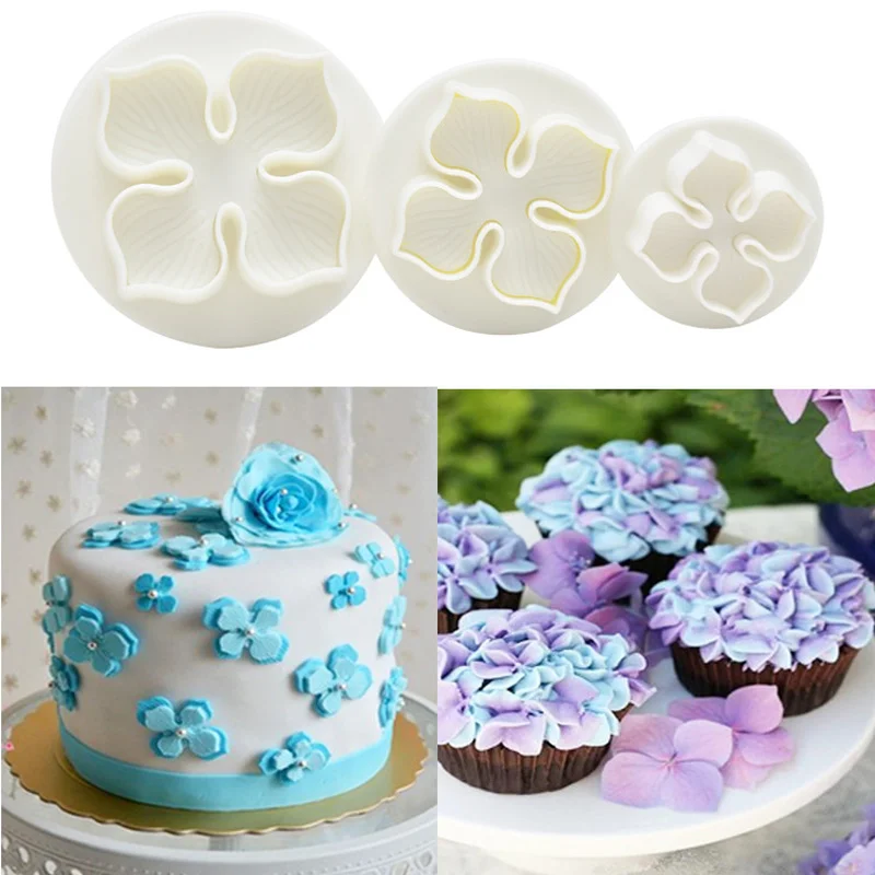 3Pcs/Set Silicone Hydrangea Fondant Cake Decorating Plunger Cutter Flower Blossom Mold Home  Tools