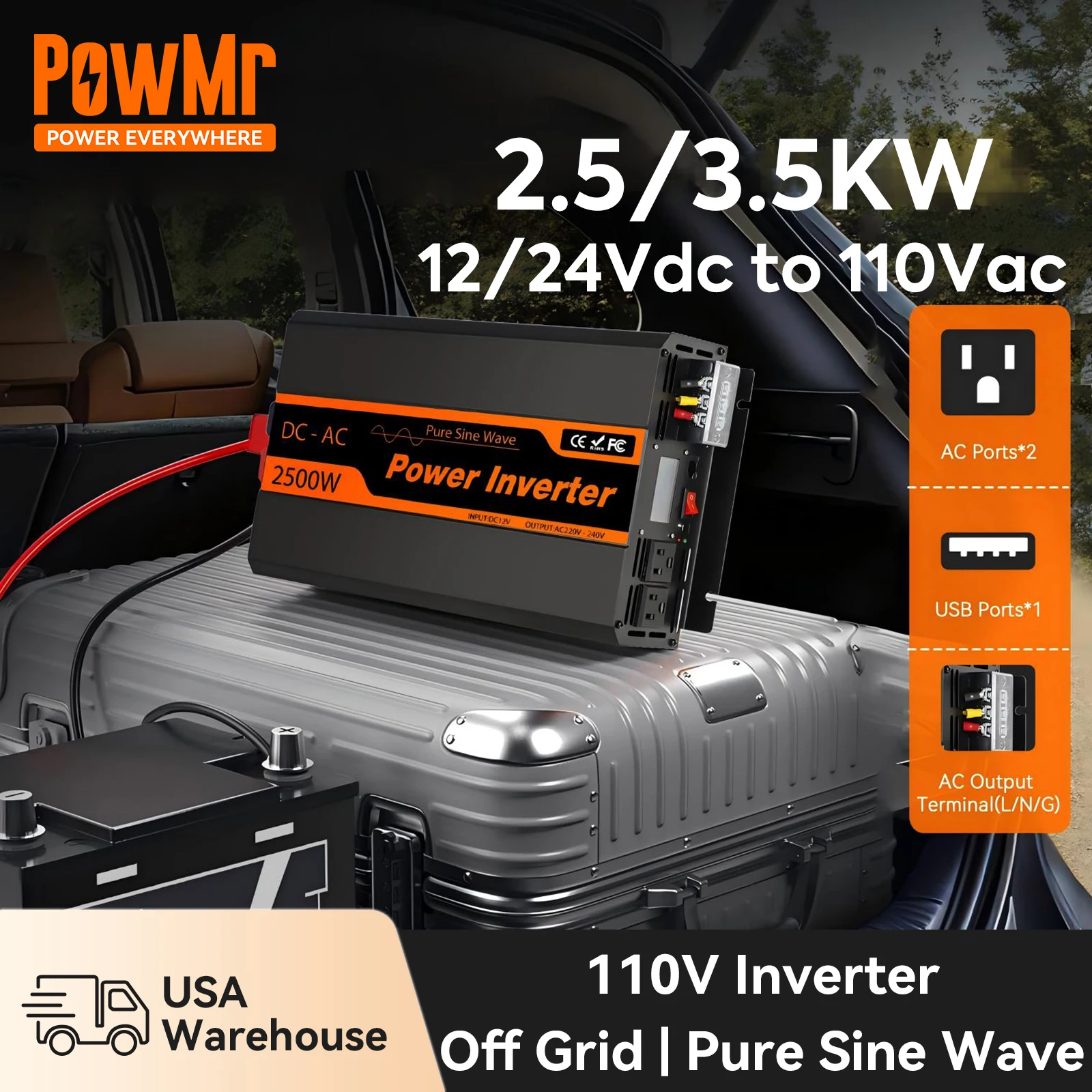 

PowMr 2500W 3500W Pure Sine Wave Inverter 12V 24V DC to 110V Off-Grid AC Converter with USB Port, Remote Control Meter