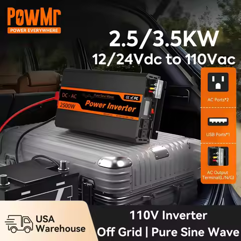 PowMr 2500W 3500W Pure Sine Wave Inverter 12V 24V DC to 110V Off-Grid AC Converter with USB Port, Remote Control Meter