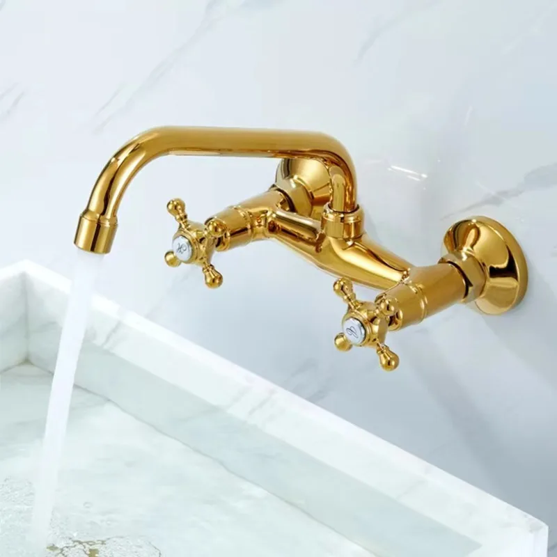 

Wall Mounted Kitchen Faucet Dual Handle Basin Faucet Golden Brass Hot and Cold Water Tap 360 Swivel Long Spout Mixer Tap